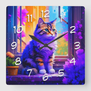 Horloge Carrée Cute chat assis dans la fenêtre Ai Art