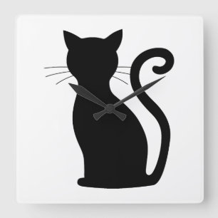 Horloge Carrée Cute Chat Noir Silhouette Fun Noir et Blanc