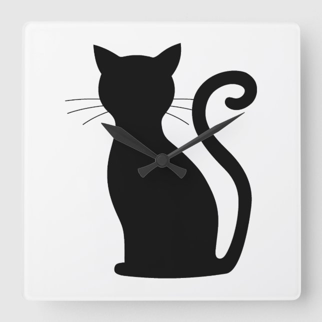 Horloge Carrée Cute Chat Noir Silhouette Fun Noir et Blanc (Recto)