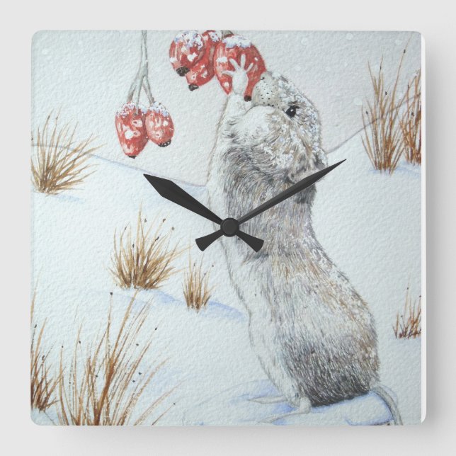 Horloge Carrée Cute field mouse snow scene wildlife (Recto)