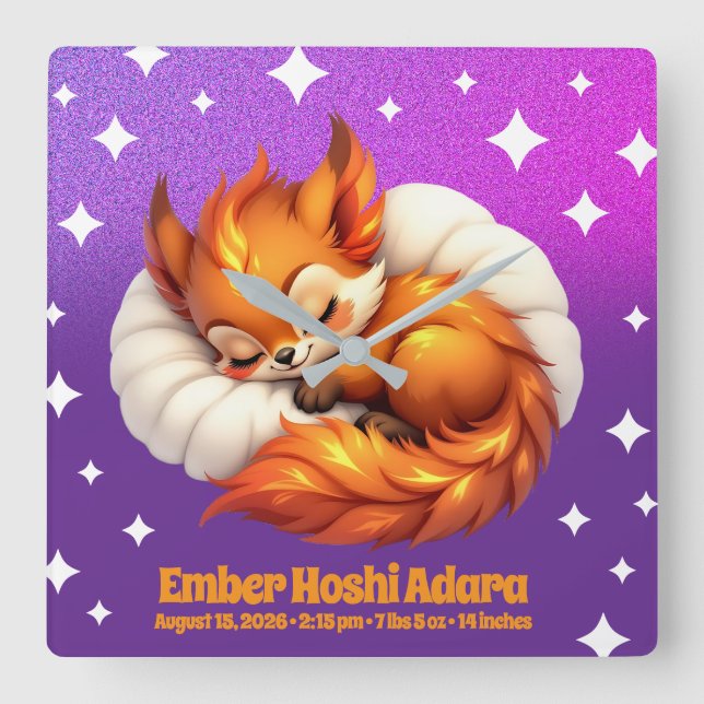 Horloge Carrée Cute Fox Cub Asleep in Starry Night Sky Natal (Recto)
