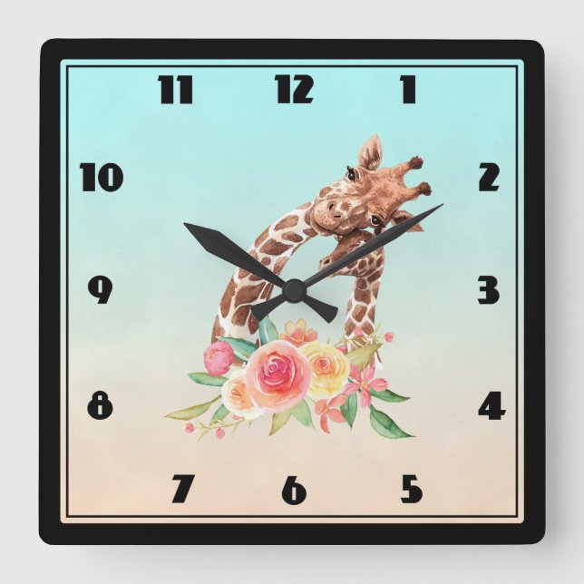Horloge Carrée Cute Giraffe Aquarelle Maman & Bébé (Recto)