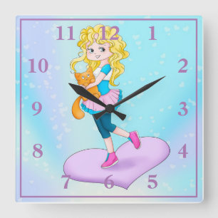 Horloge Carrée Cute Girl Holding Chat