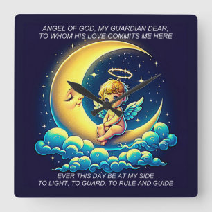 Horloge Carrée Cute Guardian Angel Cherub et Moon Expressionist