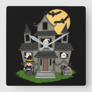 Horloge Carrée Cute Halloween haunted house and little witch Squa