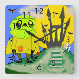 Horloge Carrée Cute Halloween Zombie et Château