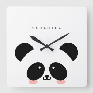 Horloge Carrée Cute Kawaii Panda   Ajouter Votre Nom