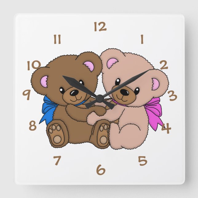 Horloge Carrée Cute Little Twin Baby Bears La chambre de l'enfant (Recto)