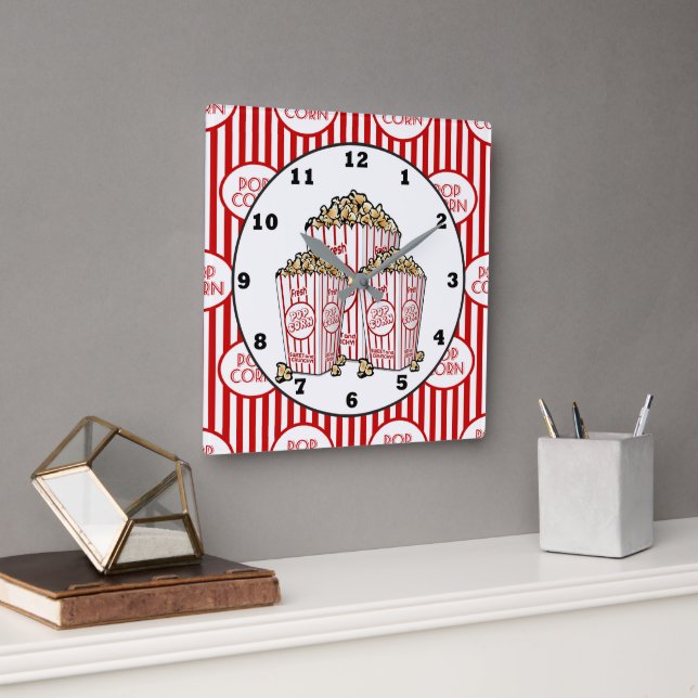 Horloge Carrée Cute Movie théâtre room popcorn clock (Bureau)