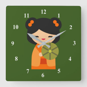 Horloge Carrée Cute orange Kokeshi poupées japonaises