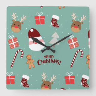 Horloge Carrée Cute Père Noël Reindeer Sucre de canne Motif en pa