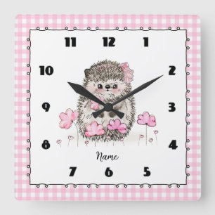 Horloge Carrée Cute petit hérisson personnalisé rose
