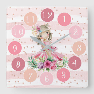 Horloge Carrée Cute Pink Clock avec Watercolor Little Ballerina