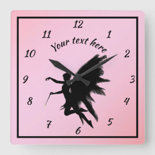 Horloge Carrée Cute rose et noir Silhouette Fairy Girly Ado