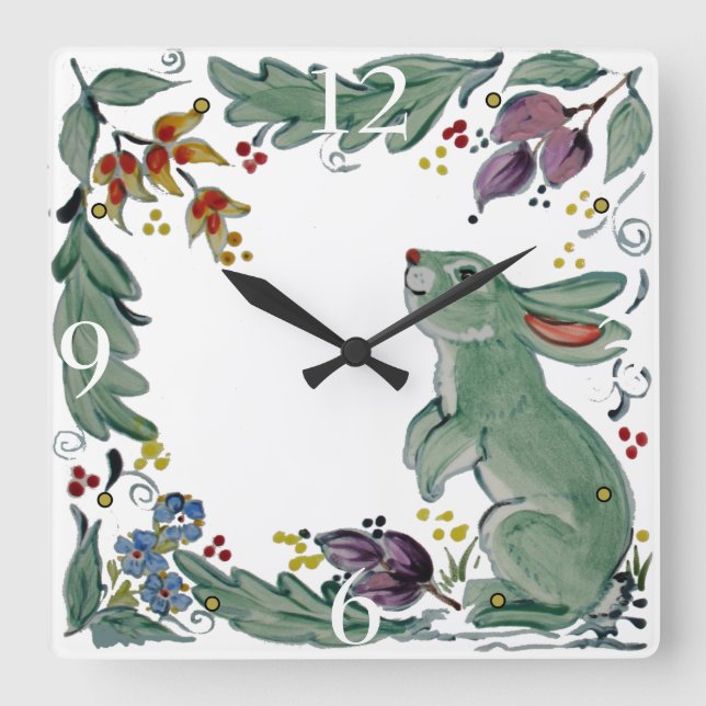 Horloge Carrée Cute Rustique Turquoise lapin lapin Lapin Flore Ca (Recto)