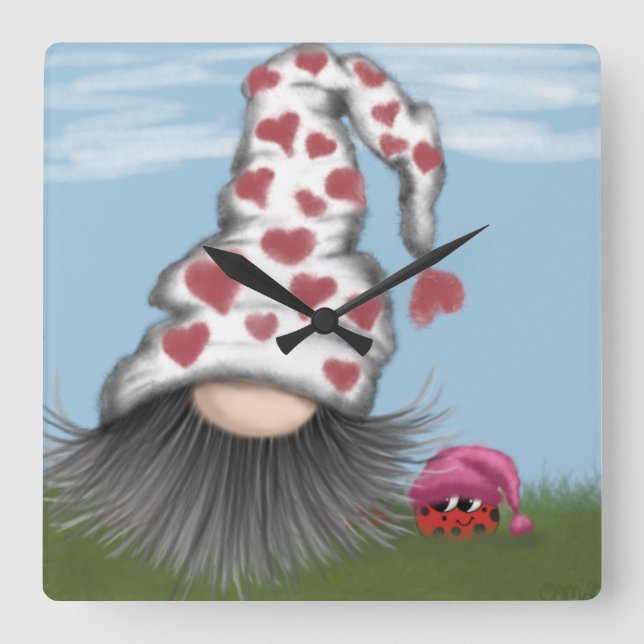 Horloge Carrée Cute Valentine Gnome (Recto)
