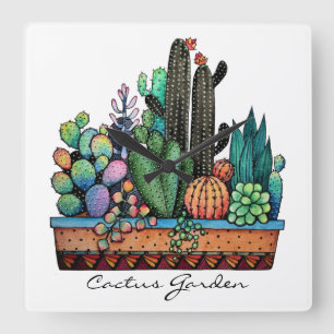 Horloge Carrée Cute Watercolor Cactus Garden