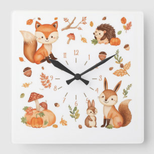 Horloge Carrée Cute Woodland Animals Autumn Wall Clock with Fox
