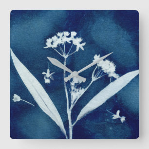 Horloge Carrée Cyanotype élégant de laiteron à fleurs