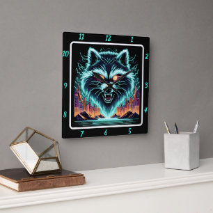 Horloge Carrée Cyber Raccoon Neon Skyline