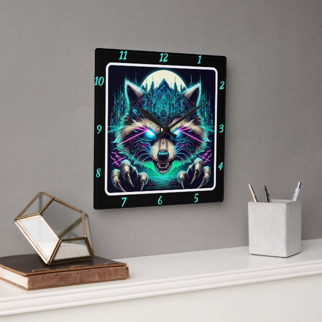 Horloge Carrée Cyber Raccoon Urban Neon (Bureau)