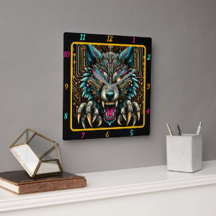 Horloge Carrée Cyber Wolf Electric Neon Color Art