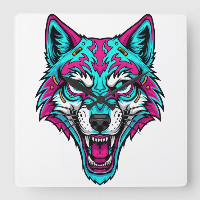 Horloge Carrée Cyberpunk Neon Wolf - Synthwave Robotic Animal (Recto)