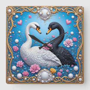 Horloge Carrée Cygnes de mariage encadrés d'or et de fleurs