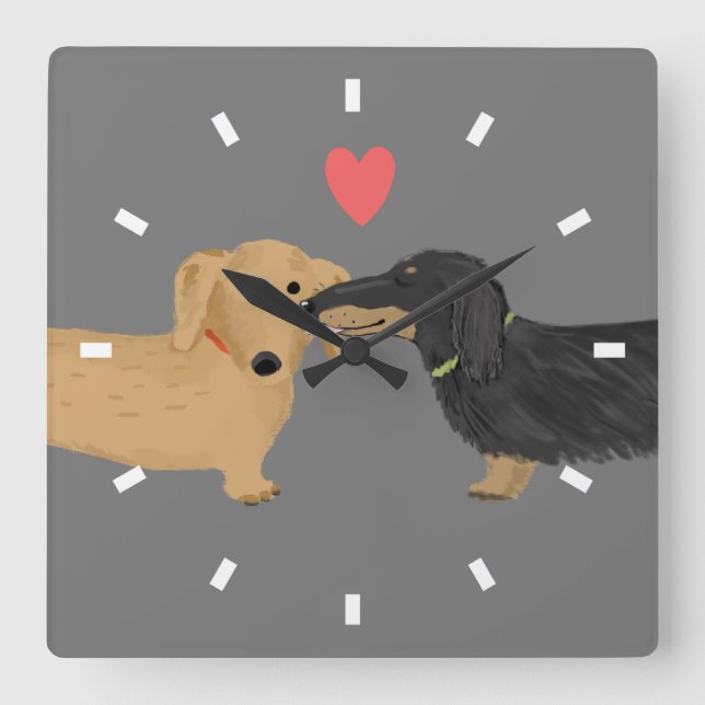 Horloge Carrée Dachshund Baiser avec coeur | Wiener Dogs Love (Recto)