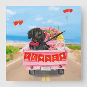 Horloge Carrée Dachshund Chien Saint-Valentin Coeurs de Camion