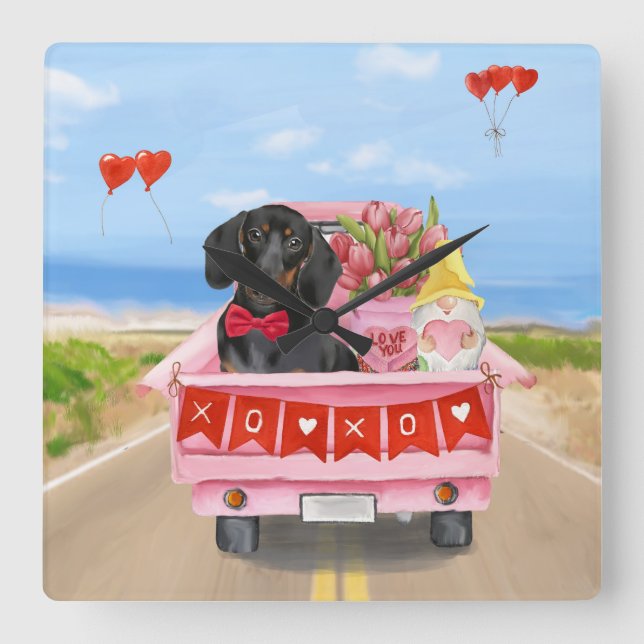 Horloge Carrée Dachshund Chien Saint-Valentin Coeurs de Camion (Recto)