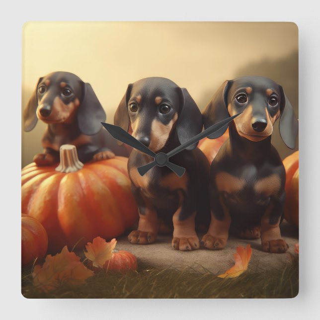 Horloge Carrée Dachshund Chiot Automne Citrouille de plaisir (Recto)