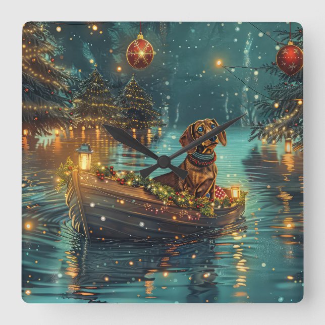 Horloge Carrée Dachshund Noël Festive Voyage (Recto)