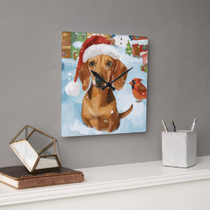 Horloge Carrée Dachshund Winter Wonderland Christmas Joy