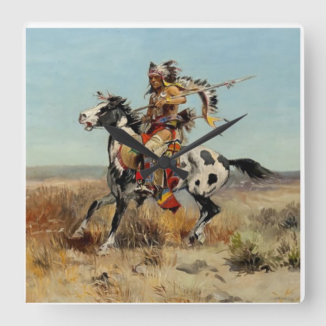 Horloge Carrée "Dakota Chief" Art occidental de Charles M Russell (Recto)