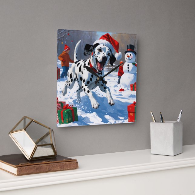 Horloge Carrée Dalmatienne coule dans la neige avec Casquette de  (Bureau)