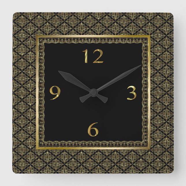 Horloge Carrée Damas de Motif géométrique noir et or (Recto)