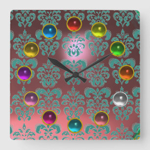 HORLOGE CARRÉE DAMASK BLEU ROSE ET COLORFUL 3D GEM STONES