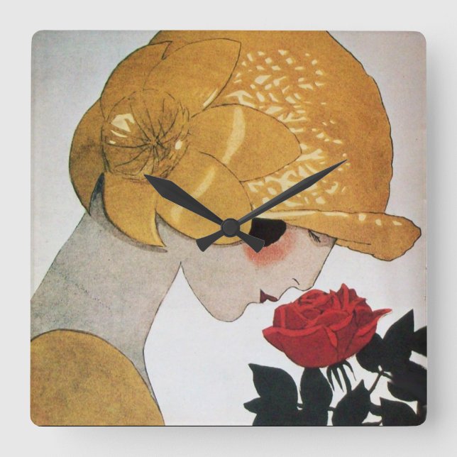 HORLOGE CARRÉE DAME AVEC ROSE ROUGE (Recto)