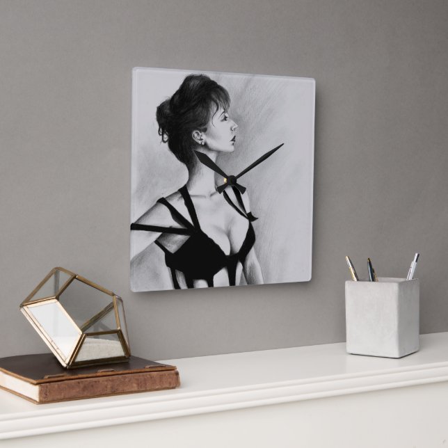Horloge Carrée Dame Woman Portrait Black Dress Dessin Art (Bureau)