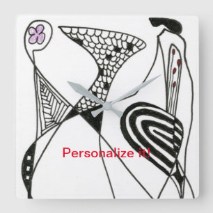 Horloge Carrée "Dancing Hen" abstracted chicken in black & white