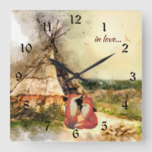 Horloge Carrée dans le thé de Tribal Tipi et Beautiful Fox