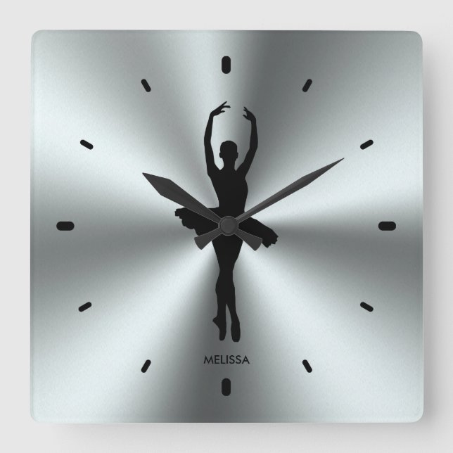Horloge Carrée Danseur De Ballet Silhouette Sur Acier Inoxydable (Recto)