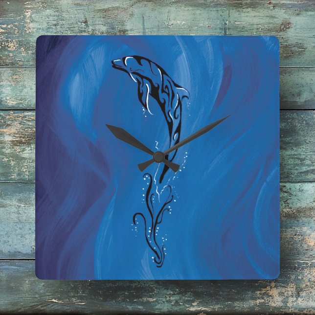 Horloge Carrée Dauphin tribal bleu (Créateur téléchargé)