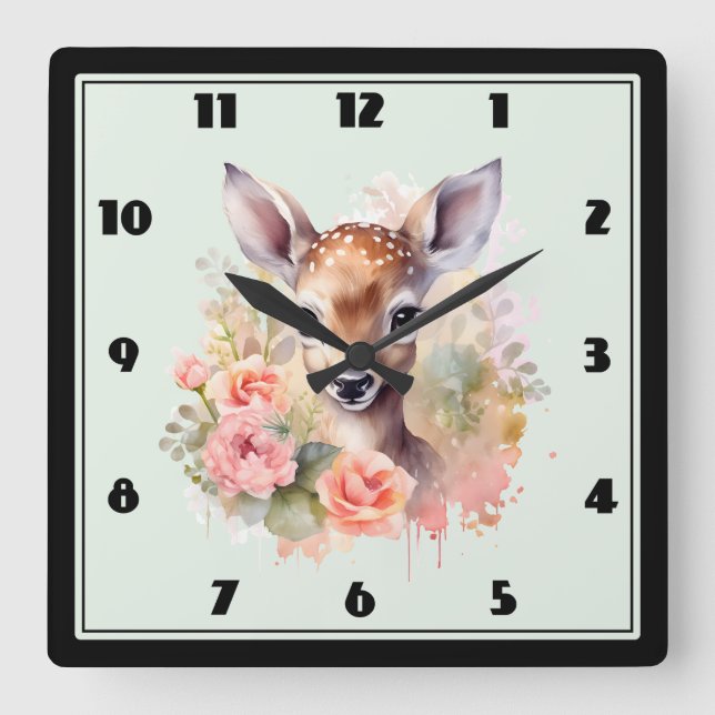 Horloge Carrée De Beaux Cerfs Entourés De Roses (Recto)