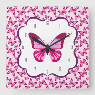 Horloge Carrée De papillon de motif pourpre de rose assez
