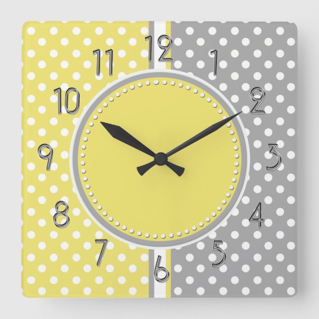 Horloge carrée de pois jaune et gris (Recto)