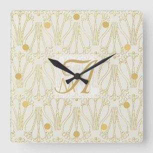 Horloge Carrée Décor 3 Monogrammes Art Déco Gold Cream Newlyweds