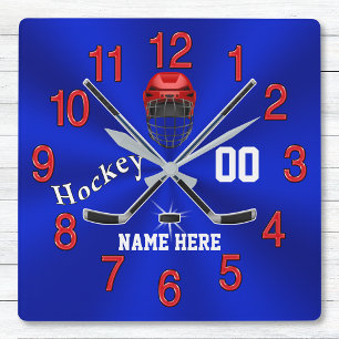 Horloge Carrée Décor blanc et bleu rouge de pièce d'hockey