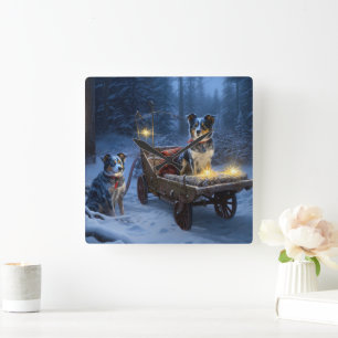 Horloge Carrée Décor de Noël au traîneau enneigé Blue Heeler 